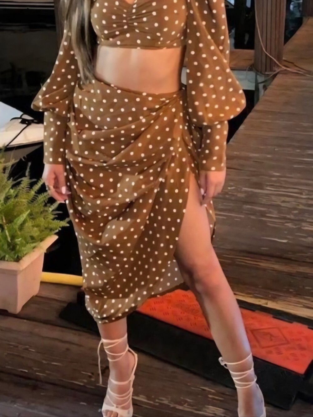 Polka Dot Brown Wrap Midi Skirt
